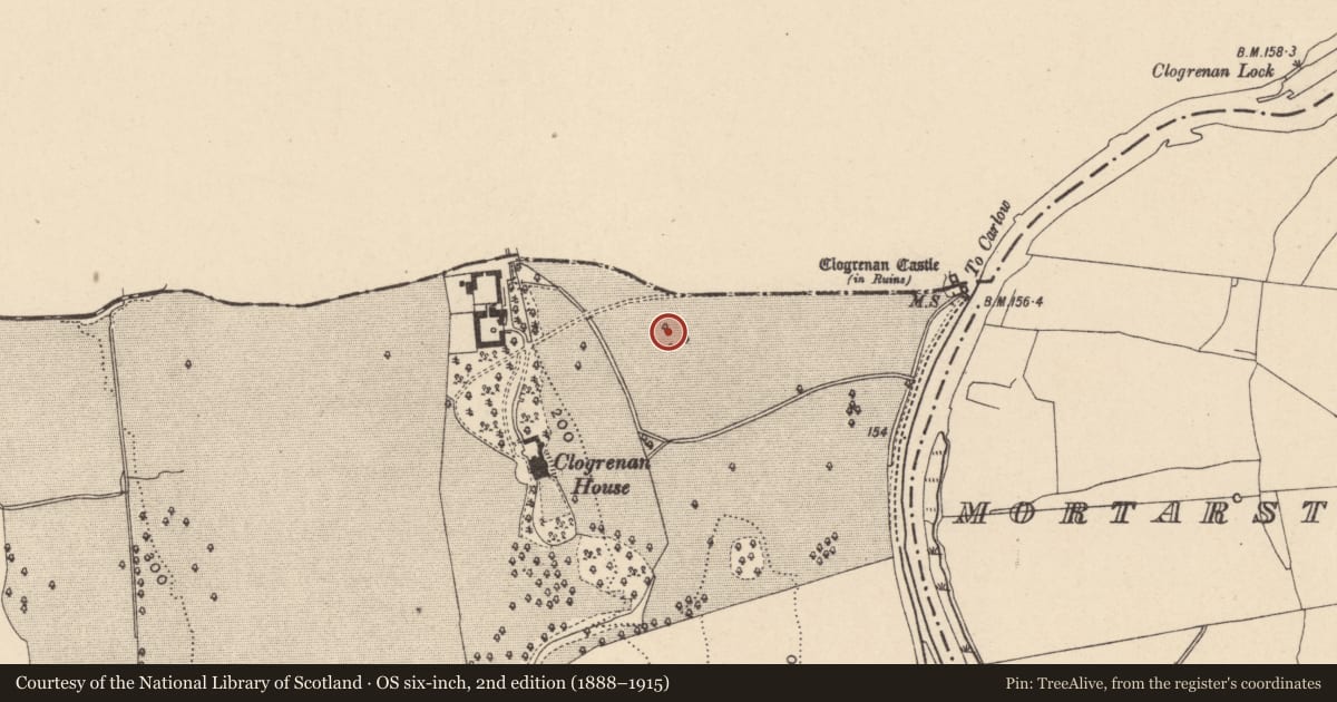 Ordnance Survey six-inch map, 2nd edition (1888–1915) covering the location of Designed landscape feature, Clogrenan, County Carlow, with a pin at the register's coordinates