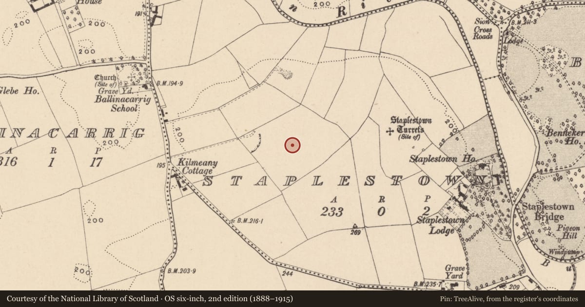 Ordnance Survey six-inch map, 2nd edition (1888–1915) covering the location of Enclosure, Staplestown, County Carlow, with a pin at the register's coordinates