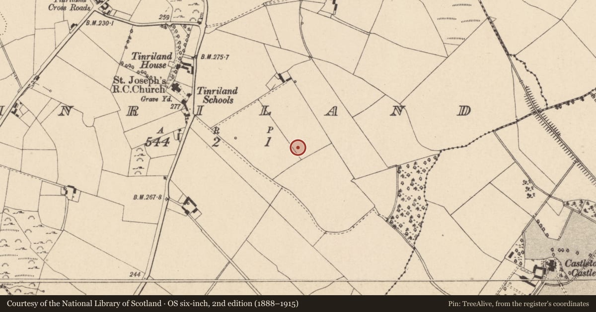 Ordnance Survey six-inch map, 2nd edition (1888–1915) covering the location of Enclosure, Tinriland, County Carlow, with a pin at the register's coordinates
