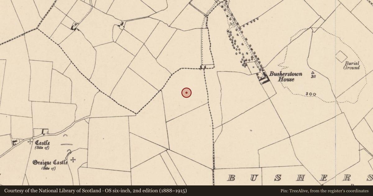 Ordnance Survey six-inch map, 2nd edition (1888–1915) covering the location of Field system, Bennekerry, County Carlow, with a pin at the register's coordinates