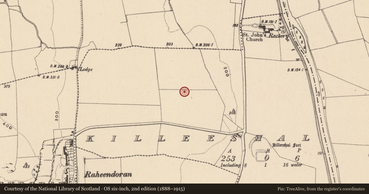 Ordnance Survey six-inch map, 2nd edition (1888–1915) covering the location of Enclosure, Killeeshal, County Carlow, with a pin at the register's coordinates