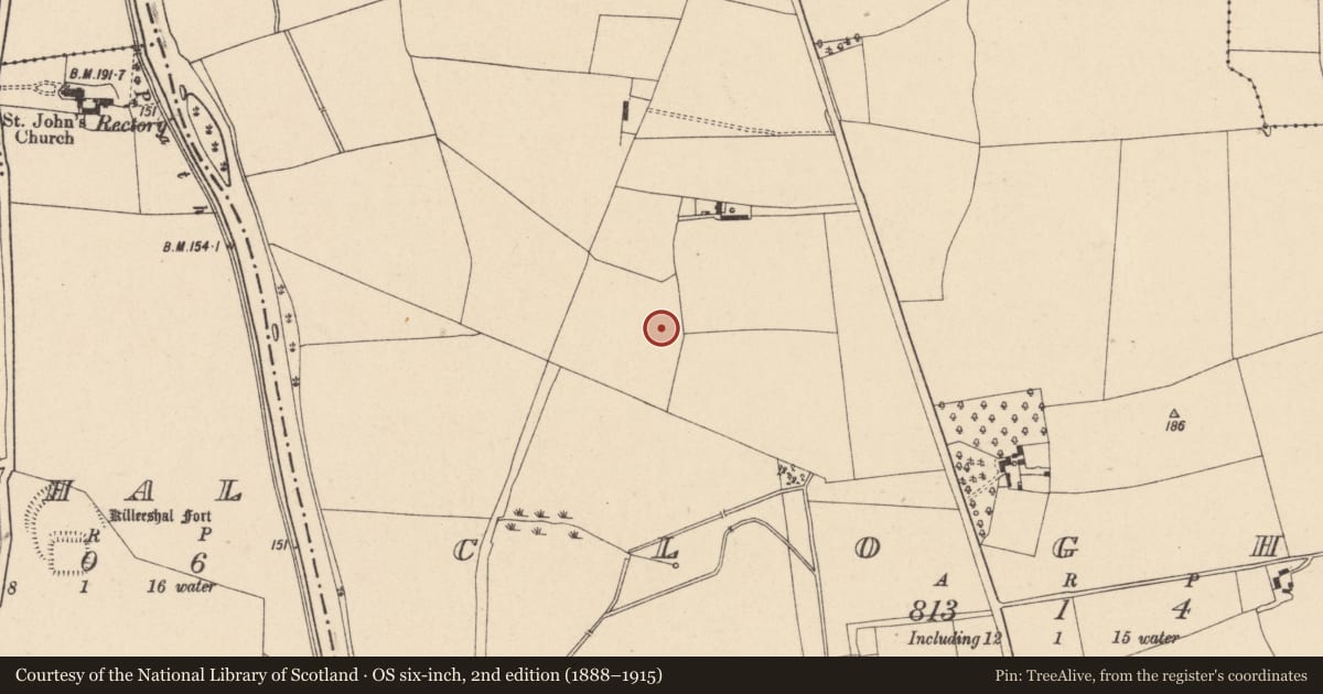 Ordnance Survey six-inch map, 2nd edition (1888–1915) covering the location of Enclosure, Cloghna, County Carlow, with a pin at the register's coordinates