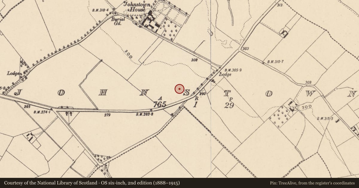 Ordnance Survey six-inch map, 2nd edition (1888–1915) covering the location of Fulacht fia, Johnstown, County Carlow, with a pin at the register's coordinates
