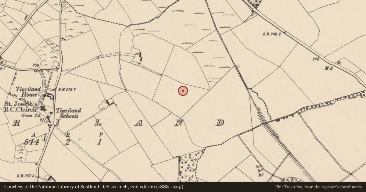Ordnance Survey six-inch map, 2nd edition (1888–1915) covering the location of House - Bronze Age, Tinriland, County Carlow, with a pin at the register's coordinates