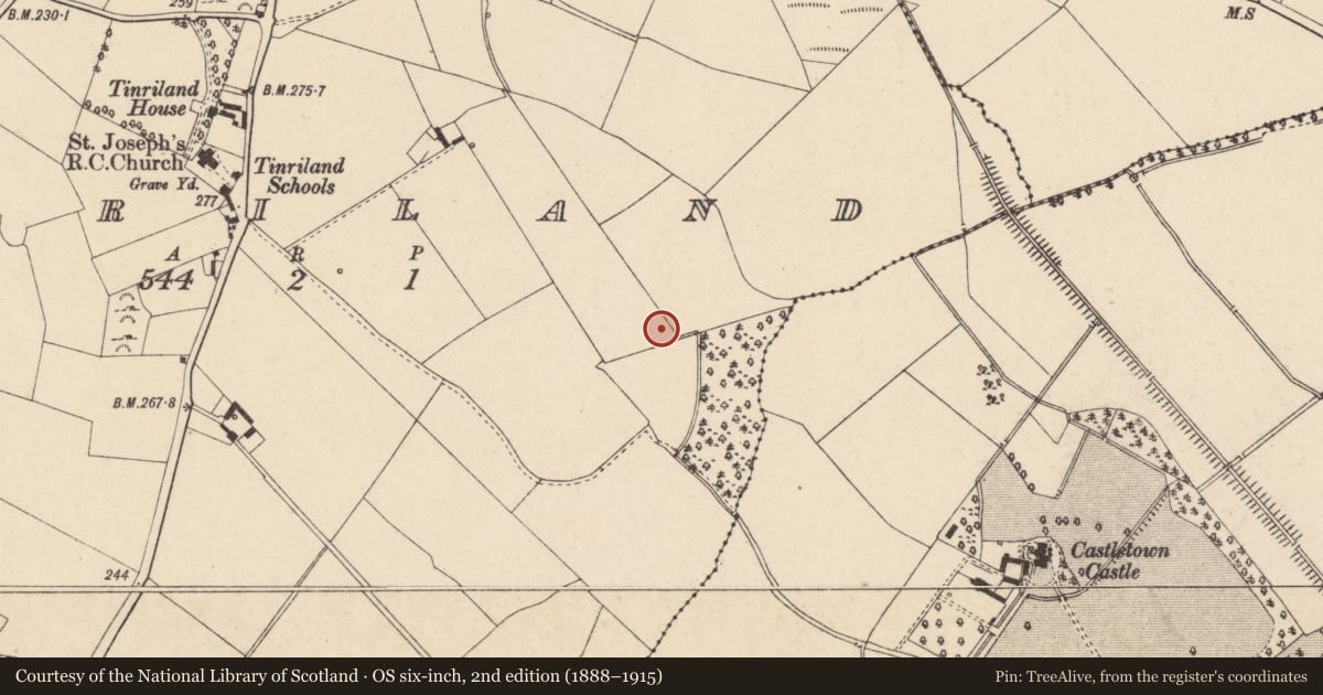 Ordnance Survey six-inch map, 2nd edition (1888–1915) covering the location of Fulacht fia, Tinriland, County Carlow, with a pin at the register's coordinates