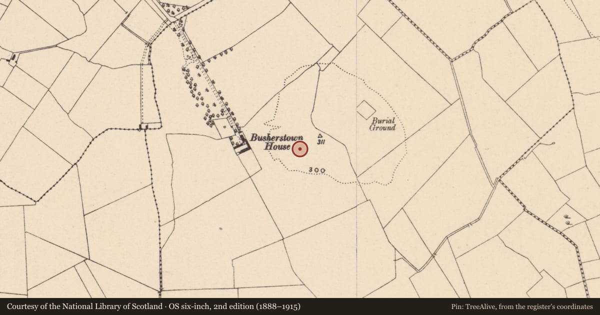 Ordnance Survey six-inch map, 2nd edition (1888–1915) covering the location of Ring-ditch, Busherstown, County Carlow, with a pin at the register's coordinates