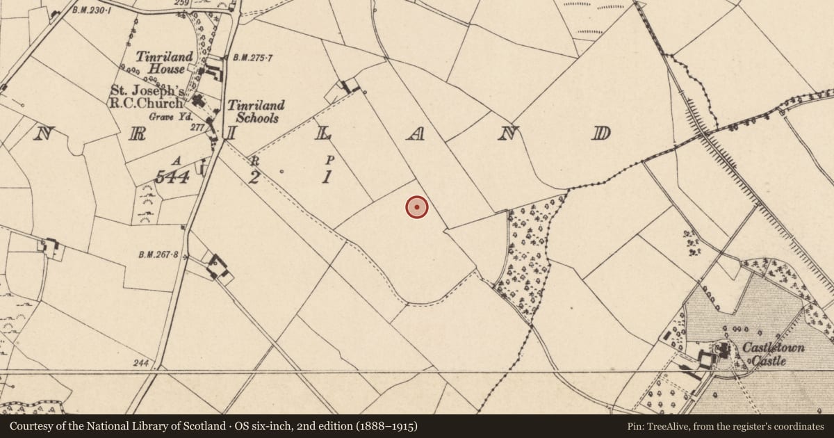 Ordnance Survey six-inch map, 2nd edition (1888–1915) covering the location of Excavation - miscellaneous, Tinriland, County Carlow, with a pin at the register's coordinates
