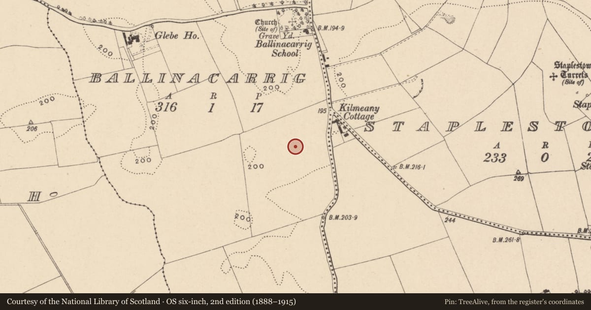 Ordnance Survey six-inch map, 2nd edition (1888–1915) covering the location of Ring-ditch, Ballinacarrig, County Carlow, with a pin at the register's coordinates