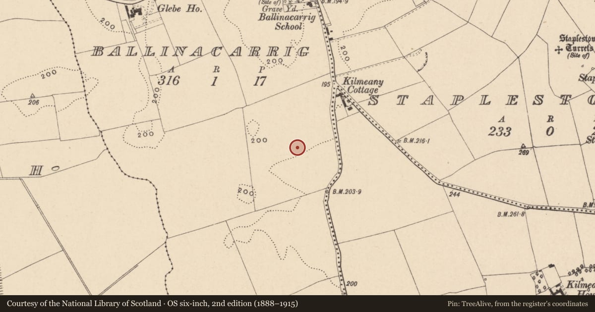 Ordnance Survey six-inch map, 2nd edition (1888–1915) covering the location of Ring-ditch, Ballinacarrig, County Carlow, with a pin at the register's coordinates