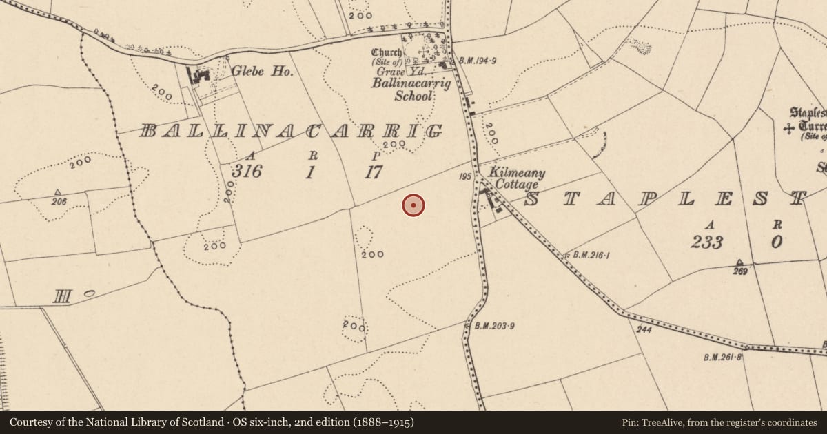 Ordnance Survey six-inch map, 2nd edition (1888–1915) covering the location of Enclosure, Ballinacarrig, County Carlow, with a pin at the register's coordinates