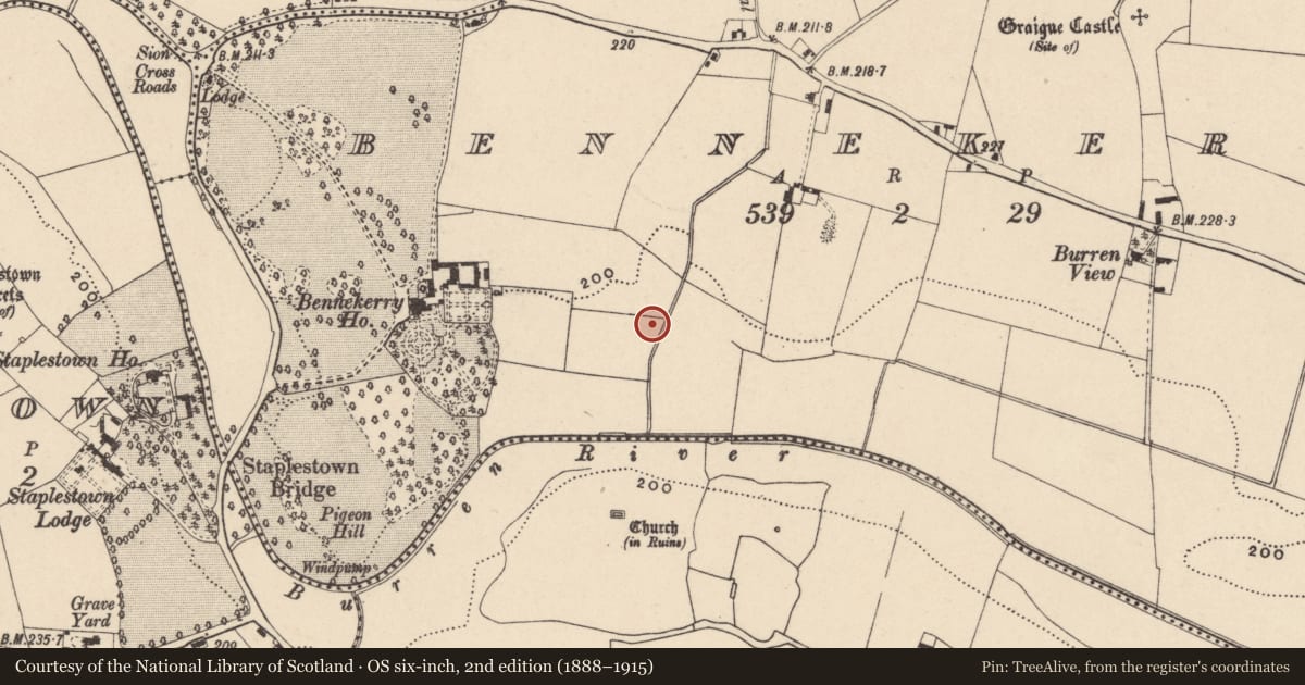 Ordnance Survey six-inch map, 2nd edition (1888–1915) covering the location of Enclosure, Bennekerry, County Carlow, with a pin at the register's coordinates