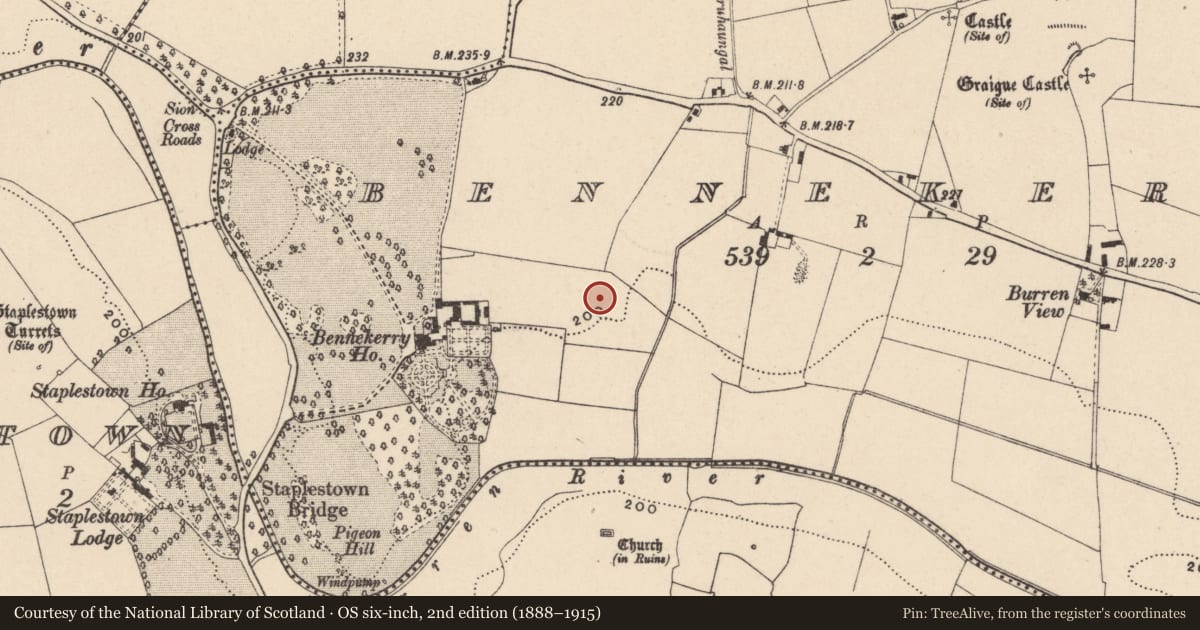Ordnance Survey six-inch map, 2nd edition (1888–1915) covering the location of Enclosure, Bennekerry, County Carlow, with a pin at the register's coordinates