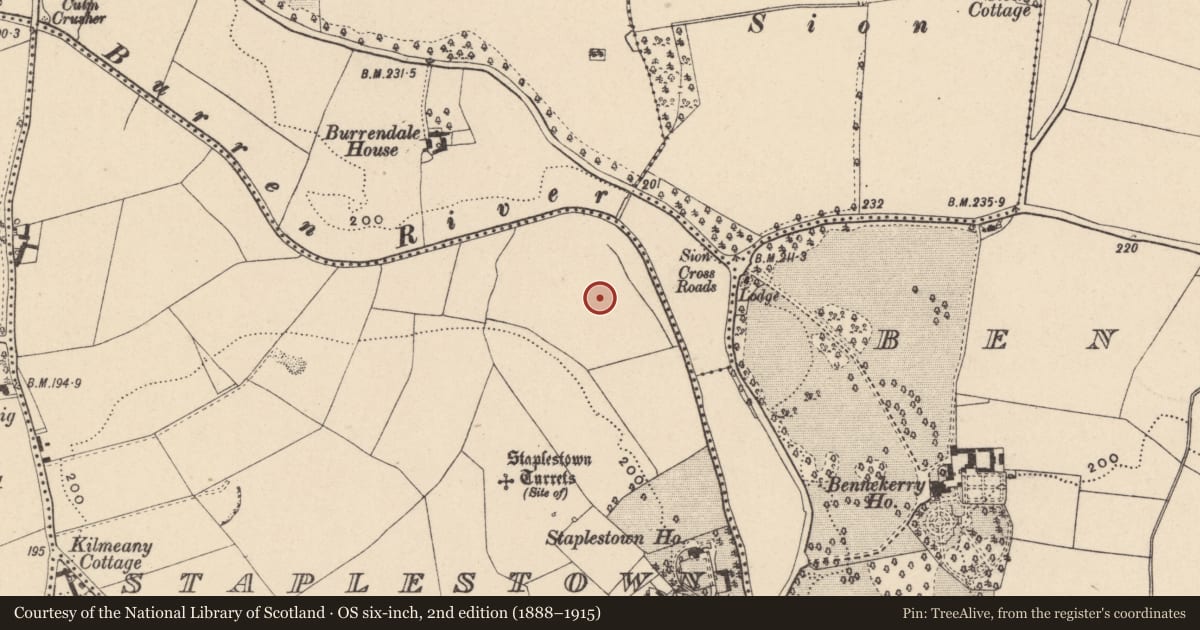 Ordnance Survey six-inch map, 2nd edition (1888–1915) covering the location of Ring-ditch, Staplestown, County Carlow, with a pin at the register's coordinates