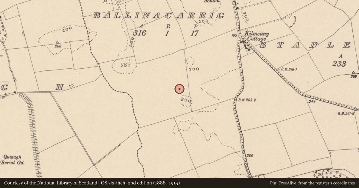 Ordnance Survey six-inch map, 2nd edition (1888–1915) covering the location of Field system, Ballinacarrig, County Carlow, with a pin at the register's coordinates