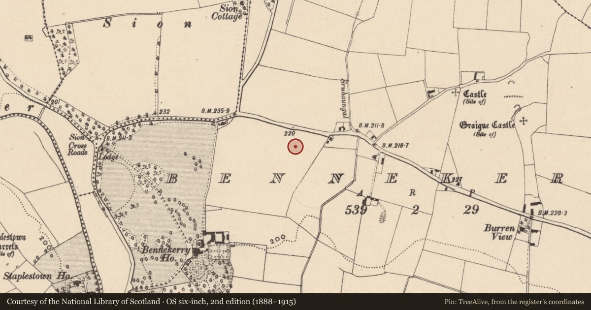 Ordnance Survey six-inch map, 2nd edition (1888–1915) covering the location of Enclosure, Bennekerry, County Carlow, with a pin at the register's coordinates