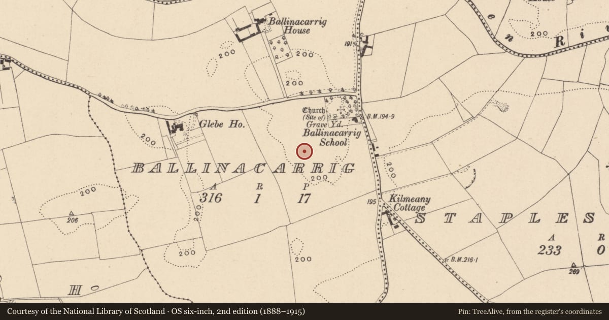 Ordnance Survey six-inch map, 2nd edition (1888–1915) covering the location of Ring-ditch, Ballinacarrig, County Carlow, with a pin at the register's coordinates