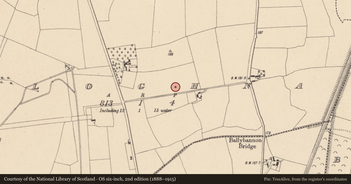 Ordnance Survey six-inch map, 2nd edition (1888–1915) covering the location of Ring-ditch, Cloghna, County Carlow, with a pin at the register's coordinates