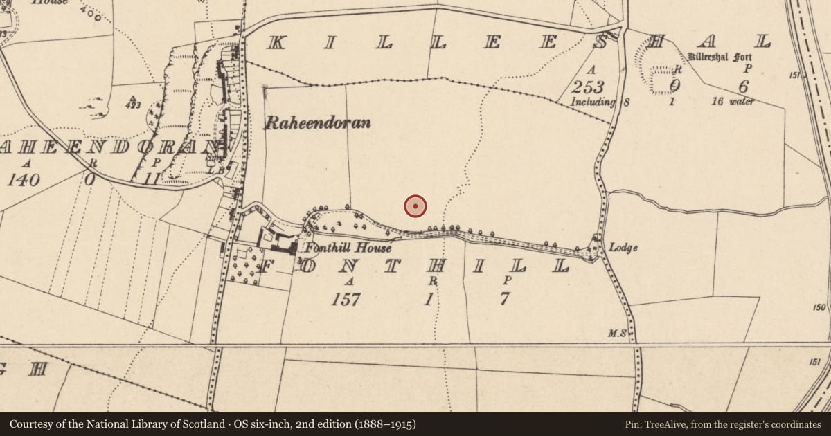 Ordnance Survey six-inch map, 2nd edition (1888–1915) covering the location of Enclosure, Killeeshal, County Carlow, with a pin at the register's coordinates
