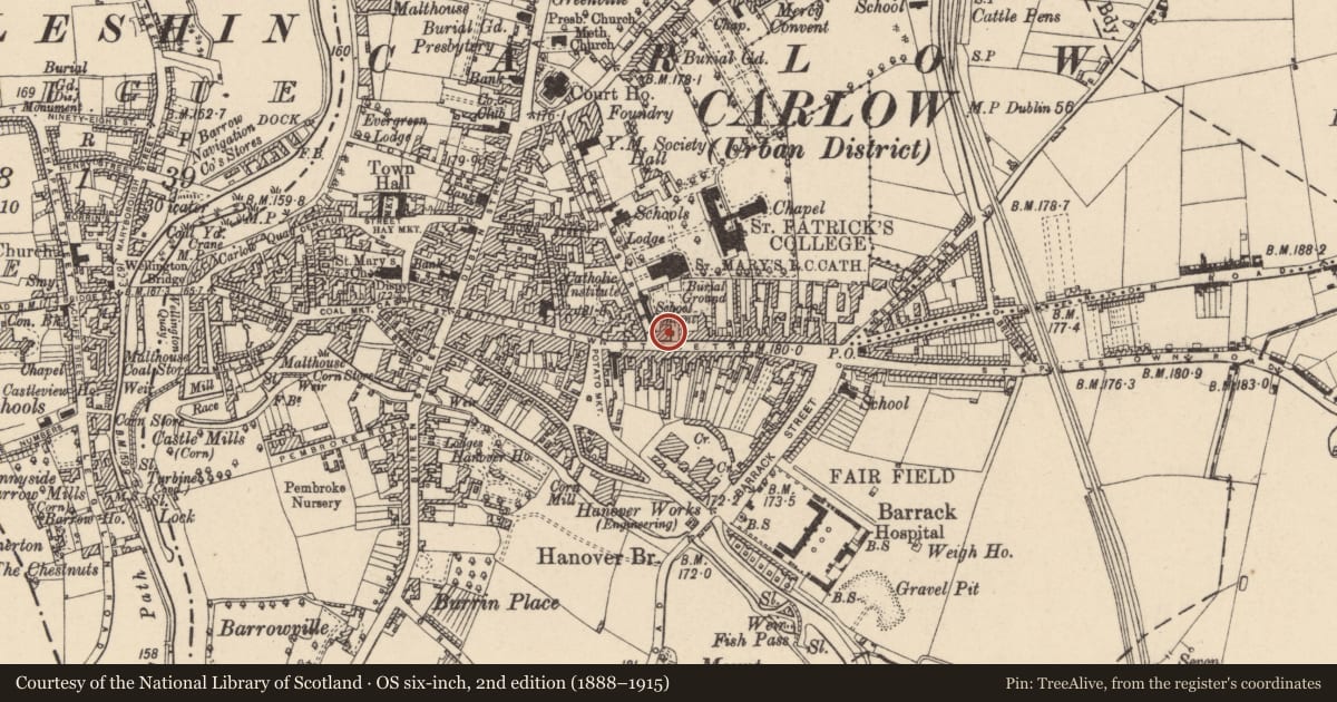 Ordnance Survey six-inch map, 2nd edition (1888–1915) covering the location of Tomb - effigial (present location), Carlow, with a pin at the register's coordinates