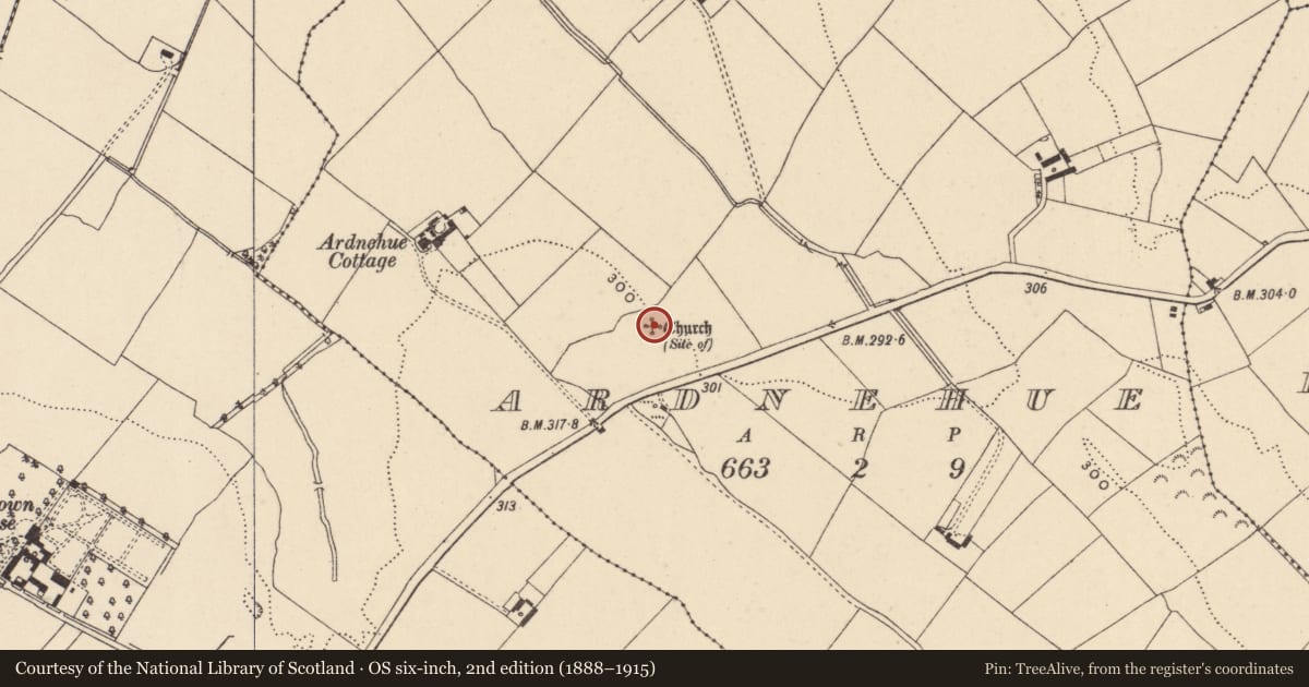 Ordnance Survey six-inch map, 2nd edition (1888–1915) covering the location of Church, Ardnehue, County Carlow, with a pin at the register's coordinates