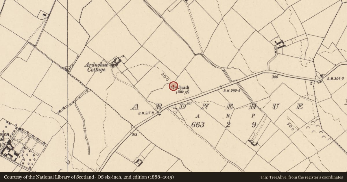 Ordnance Survey six-inch map, 2nd edition (1888–1915) covering the location of Graveyard, Ardnehue, County Carlow, with a pin at the register's coordinates