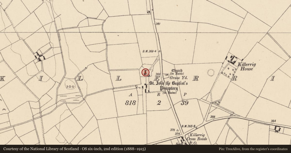 Ordnance Survey six-inch map, 2nd edition (1888–1915) covering the location of Religious house - Knights Hospitallers, Killerrig, County Carlow, with a pin at the register's coordinates