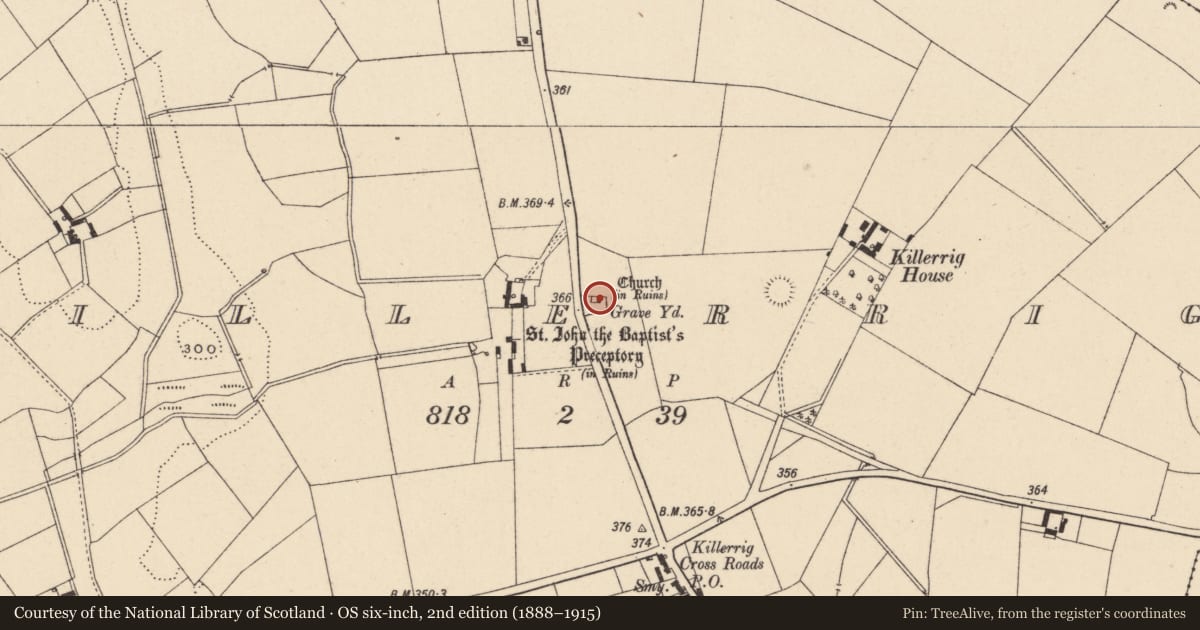 Ordnance Survey six-inch map, 2nd edition (1888–1915) covering the location of Church, Killerrig, County Carlow, with a pin at the register's coordinates