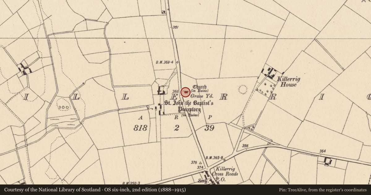 Ordnance Survey six-inch map, 2nd edition (1888–1915) covering the location of Cross, Killerrig, County Carlow, with a pin at the register's coordinates