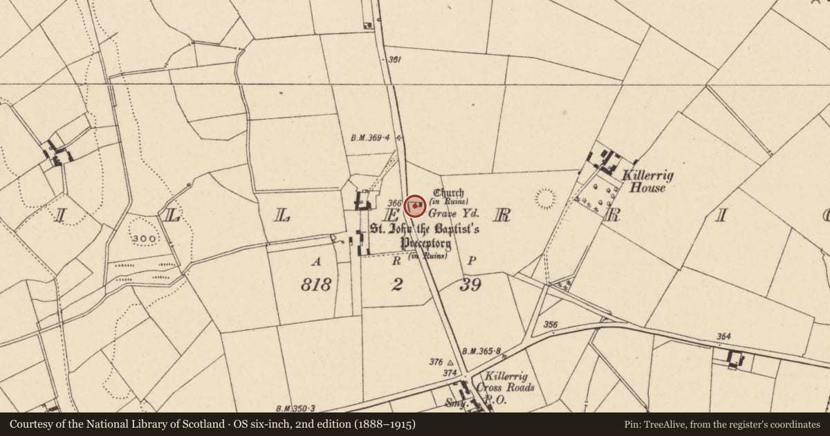 Ordnance Survey six-inch map, 2nd edition (1888–1915) covering the location of Graveyard, Killerrig, County Carlow, with a pin at the register's coordinates