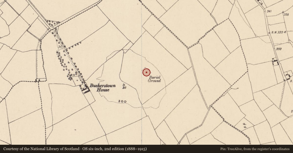 Ordnance Survey six-inch map, 2nd edition (1888–1915) covering the location of Church, Busherstown, County Carlow, with a pin at the register's coordinates