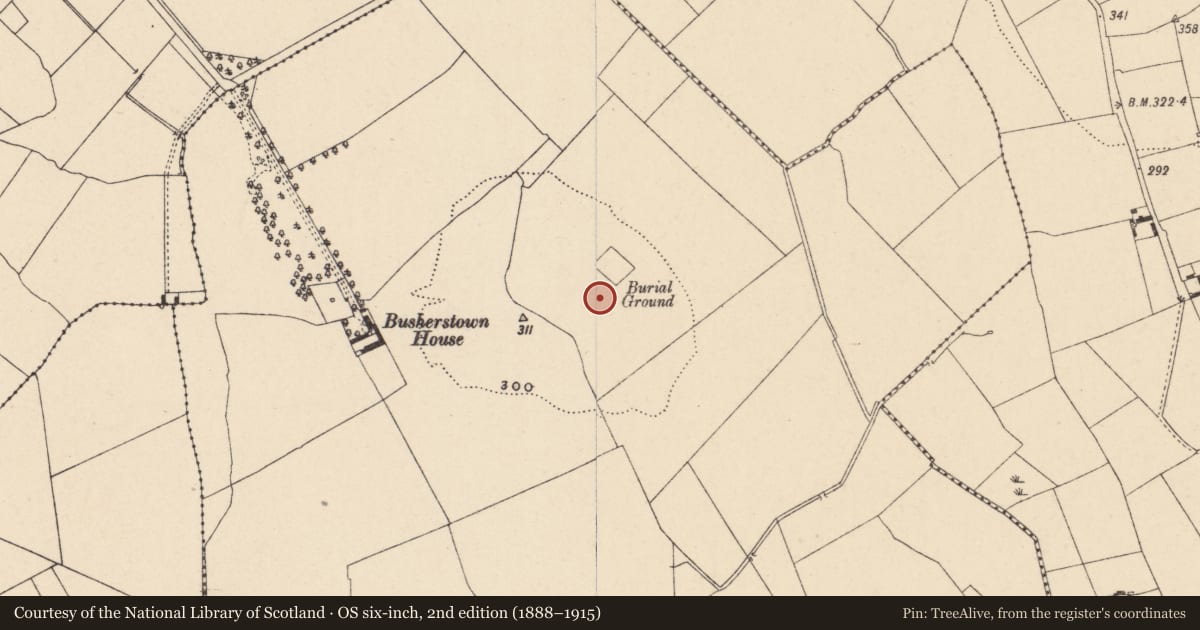 Ordnance Survey six-inch map, 2nd edition (1888–1915) covering the location of Graveyard, Busherstown, County Carlow, with a pin at the register's coordinates