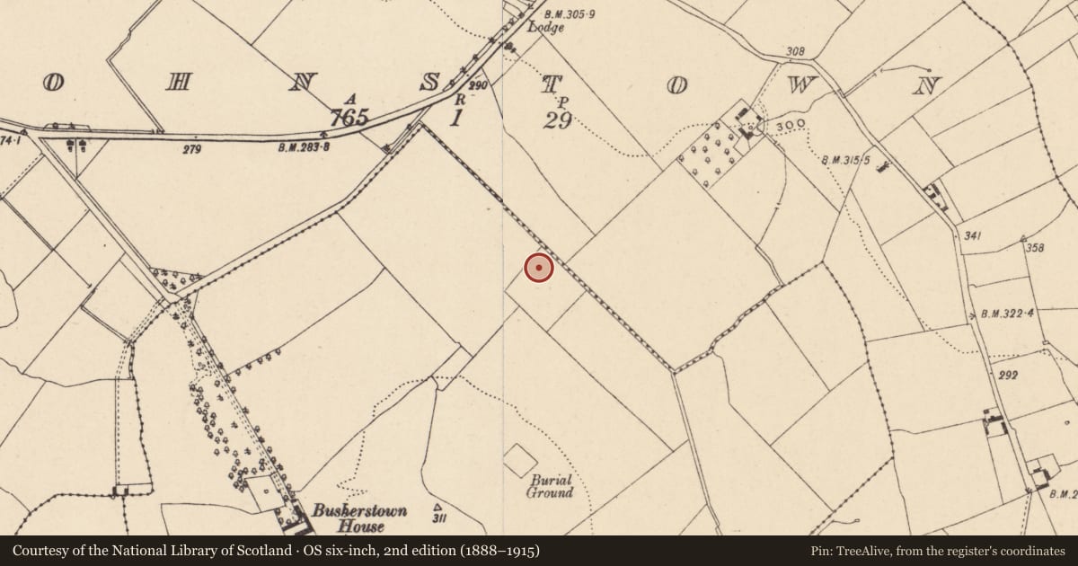 Ordnance Survey six-inch map, 2nd edition (1888–1915) covering the location of Ecclesiastical enclosure, Busherstown, County Carlow, with a pin at the register's coordinates
