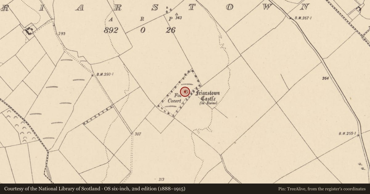 Ordnance Survey six-inch map, 2nd edition (1888–1915) covering the location of Enclosure, Friarstown, County Carlow, with a pin at the register's coordinates