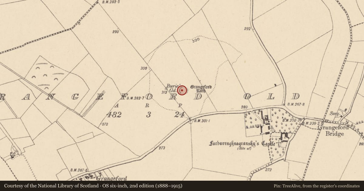 Ordnance Survey six-inch map, 2nd edition (1888–1915) covering the location of Burial ground, Grangeford Old, County Carlow, with a pin at the register's coordinates