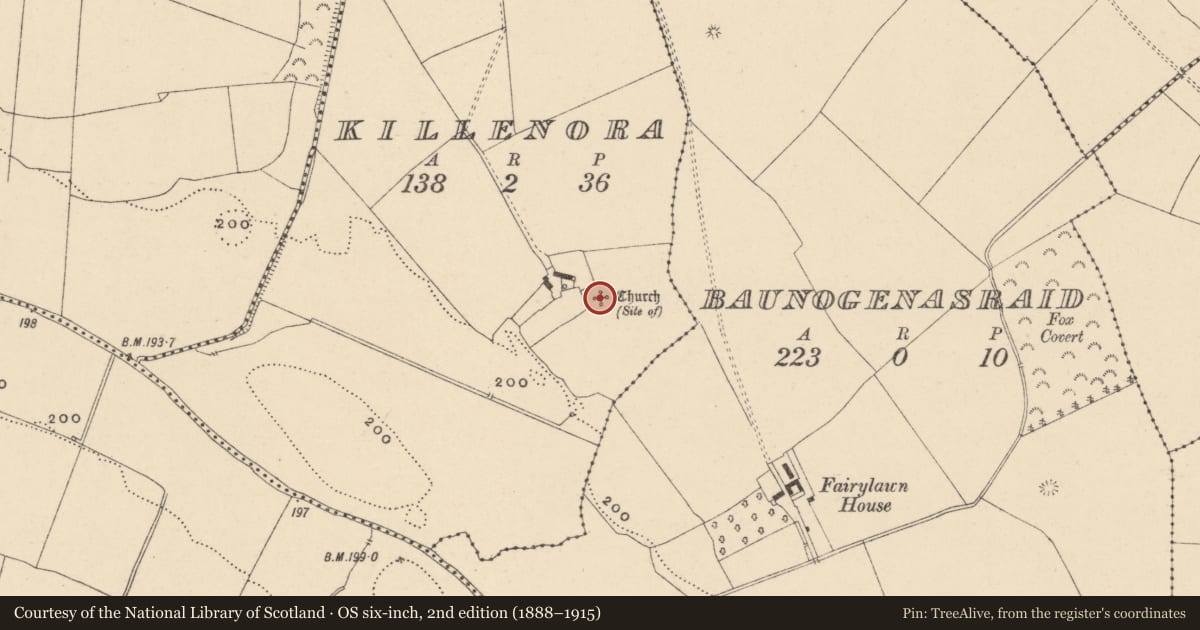 Ordnance Survey six-inch map, 2nd edition (1888–1915) covering the location of Church, Killenora, County Carlow, with a pin at the register's coordinates