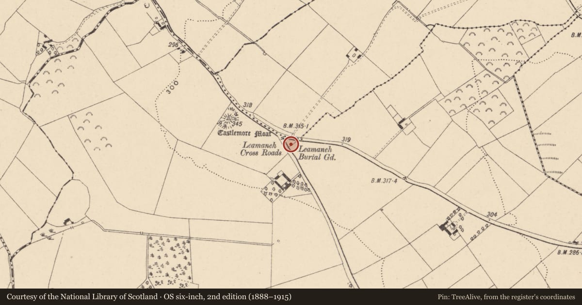 Ordnance Survey six-inch map, 2nd edition (1888–1915) covering the location of Graveyard, Cannonsquarter, Castlemore, County Carlow, with a pin at the register's coordinates