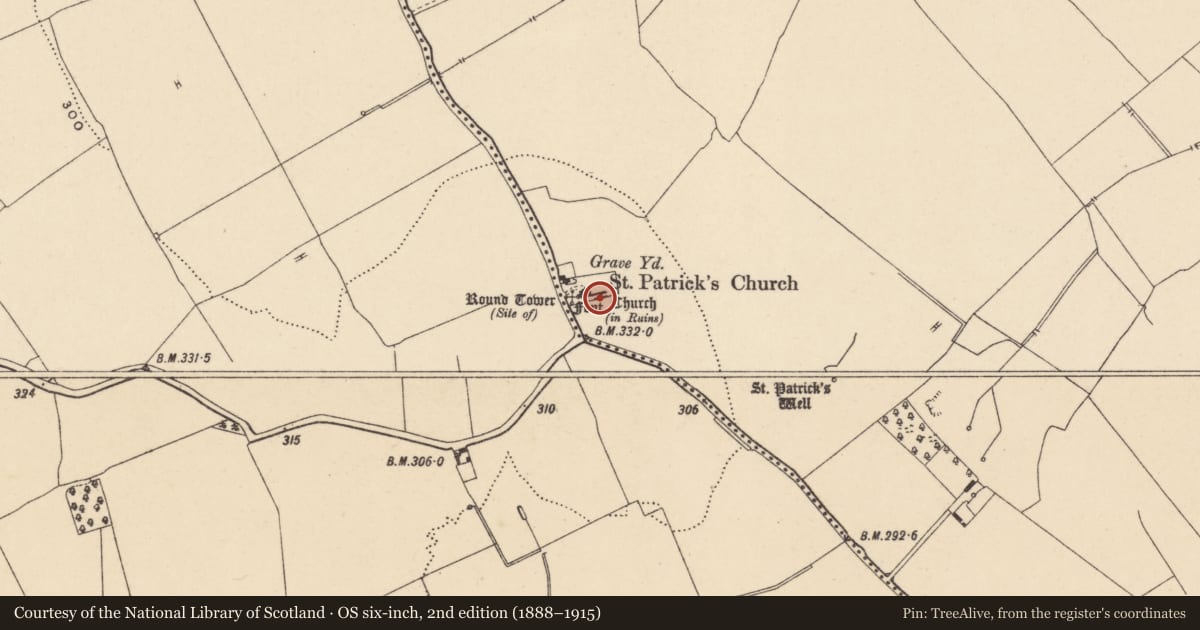 Ordnance Survey six-inch map, 2nd edition (1888–1915) covering the location of Church, Kellistown East, County Carlow, with a pin at the register's coordinates