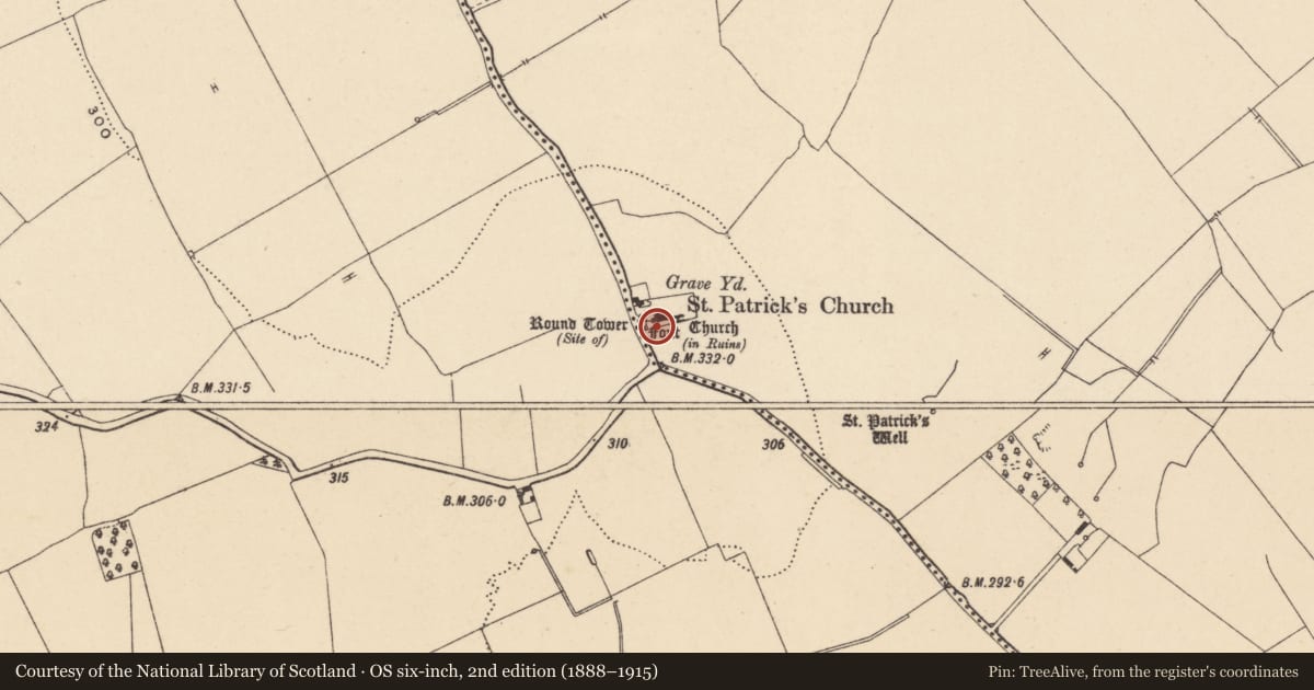 Ordnance Survey six-inch map, 2nd edition (1888–1915) covering the location of Bullaun stone, Kellistown East, County Carlow, with a pin at the register's coordinates