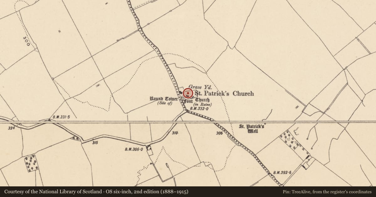 Ordnance Survey six-inch map, 2nd edition (1888–1915) covering the location of Graveyard, Kellistown East, County Carlow, with a pin at the register's coordinates