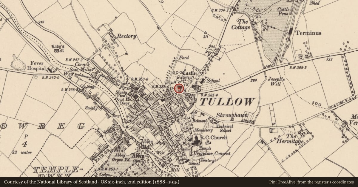 Ordnance Survey six-inch map, 2nd edition (1888–1915) covering the location of Font, Tullowphelim, County Carlow, with a pin at the register's coordinates