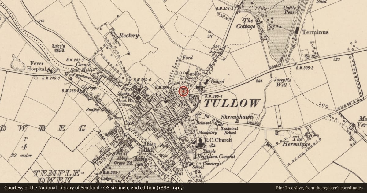 Ordnance Survey six-inch map, 2nd edition (1888–1915) covering the location of Cross, Tullowphelim, County Carlow, with a pin at the register's coordinates