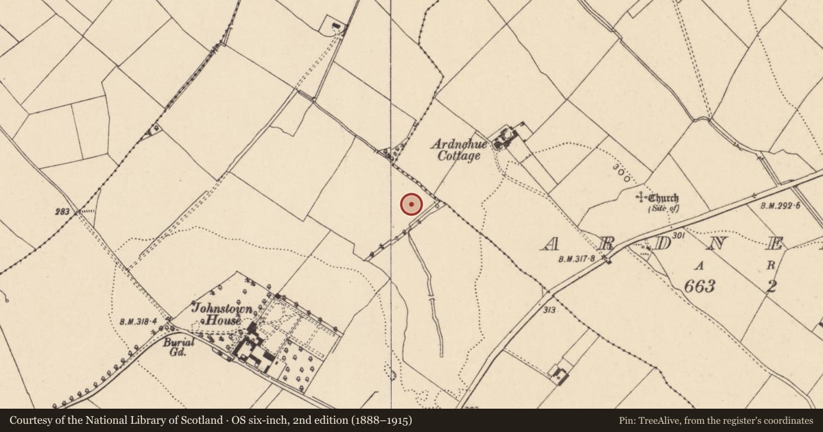 Ordnance Survey six-inch map, 2nd edition (1888–1915) covering the location of Fulacht fia, Johnstown, County Carlow, with a pin at the register's coordinates