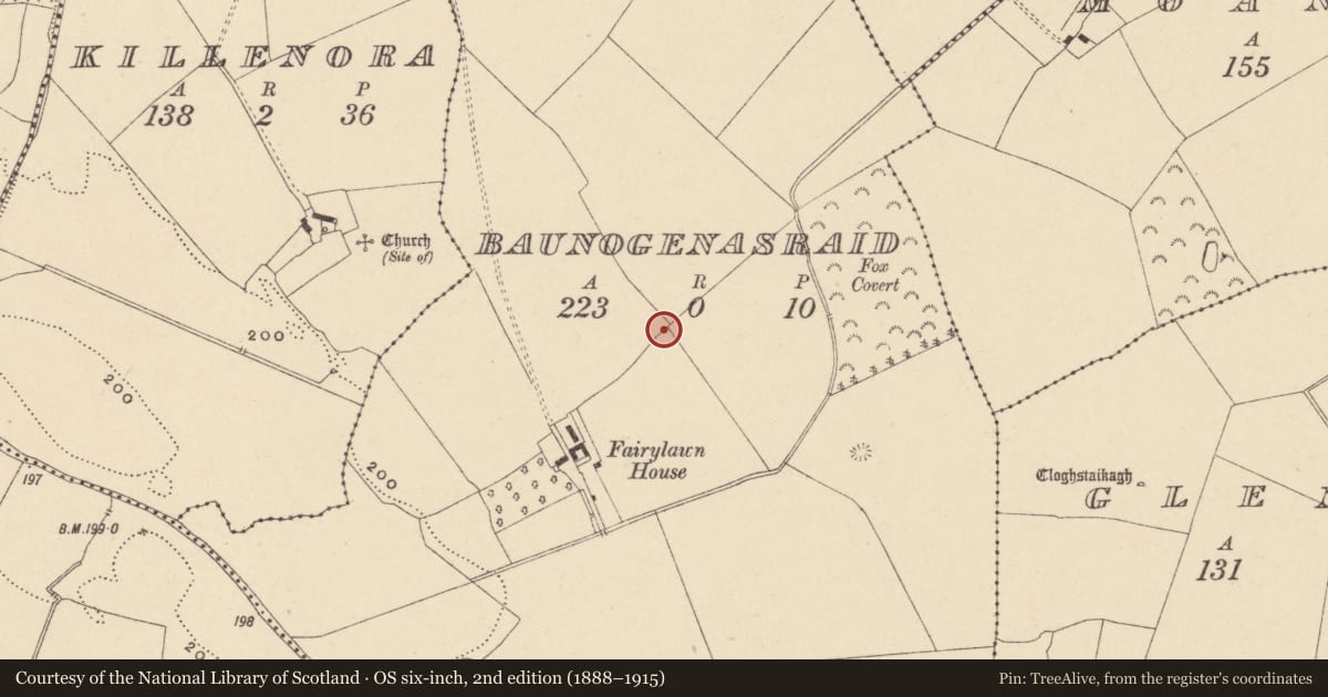 Ordnance Survey six-inch map, 2nd edition (1888–1915) covering the location of Enclosure, Baunogenasraid, County Carlow, with a pin at the register's coordinates