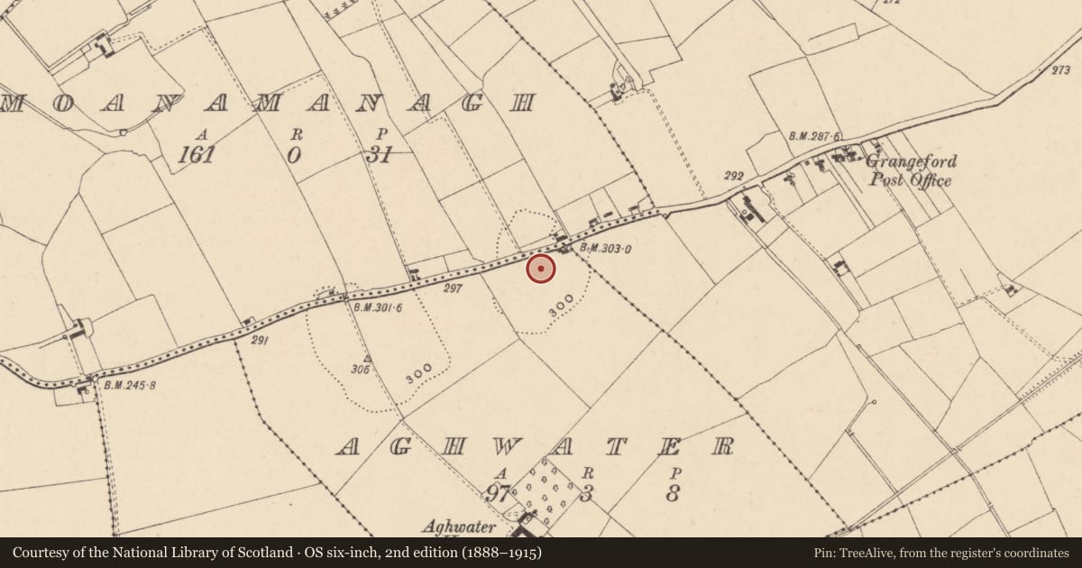 Ordnance Survey six-inch map, 2nd edition (1888–1915) covering the location of Enclosure, Aghwater, County Carlow, with a pin at the register's coordinates