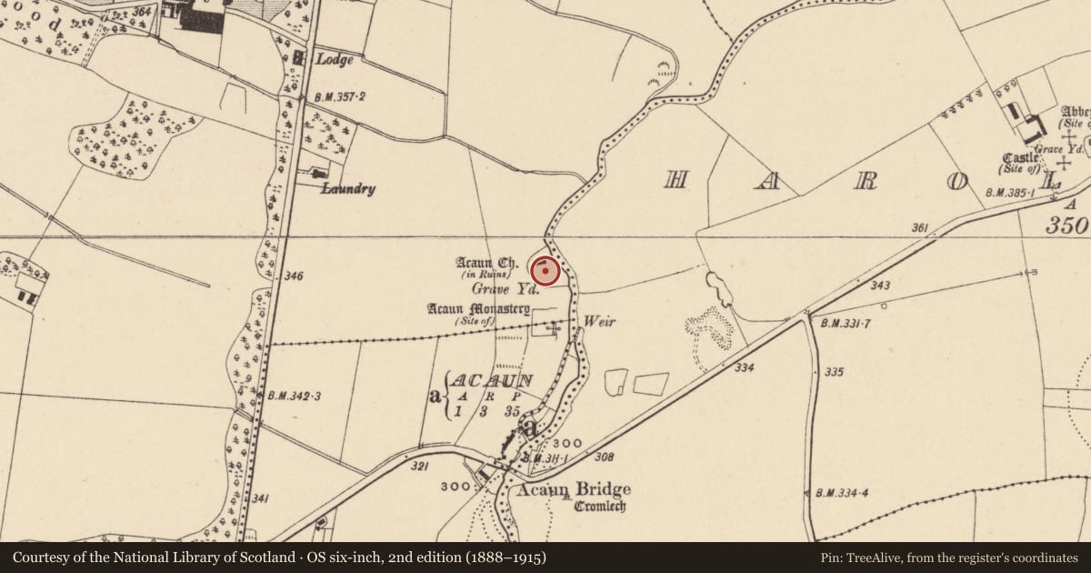 Ordnance Survey six-inch map, 2nd edition (1888–1915) covering the location of Graveyard, Lisnevagh, County Carlow, with a pin at the register's coordinates