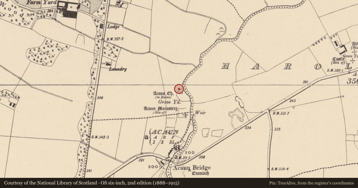Ordnance Survey six-inch map, 2nd edition (1888–1915) covering the location of Ecclesiastical enclosure, Lisnevagh, County Carlow, with a pin at the register's coordinates