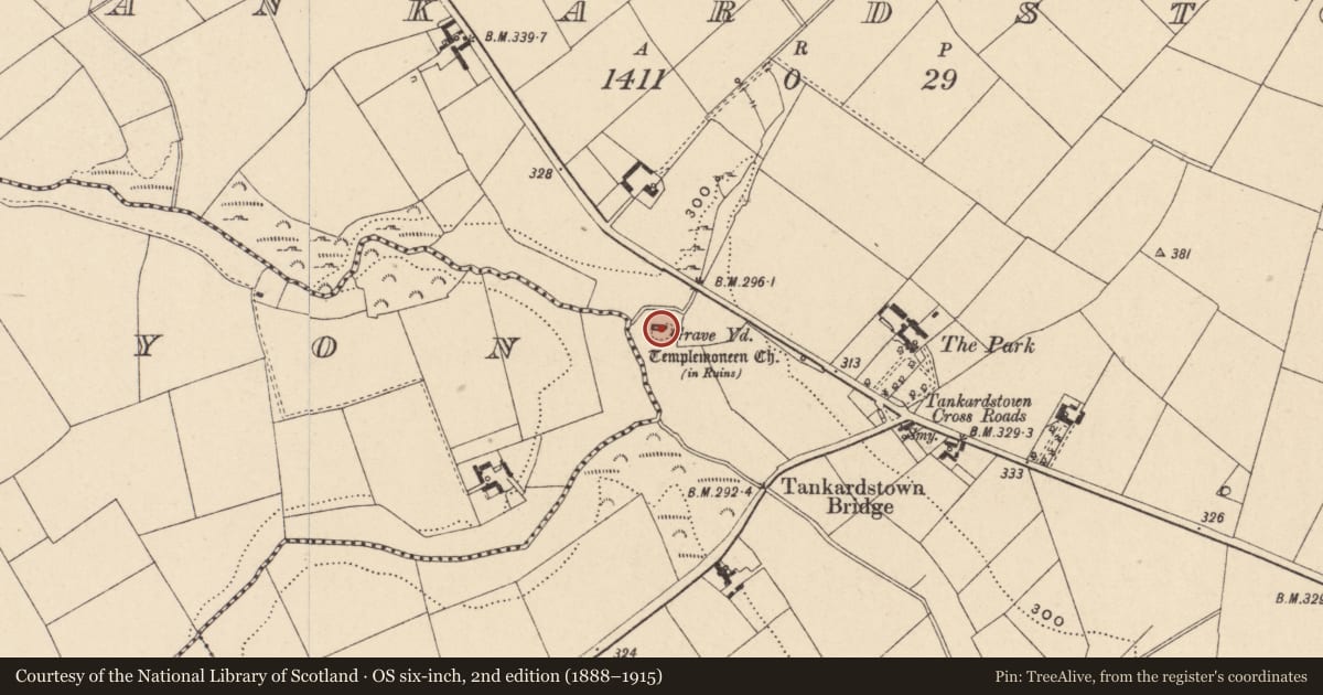 Ordnance Survey six-inch map, 2nd edition (1888–1915) covering the location of Church, Tankardstown, County Carlow, with a pin at the register's coordinates