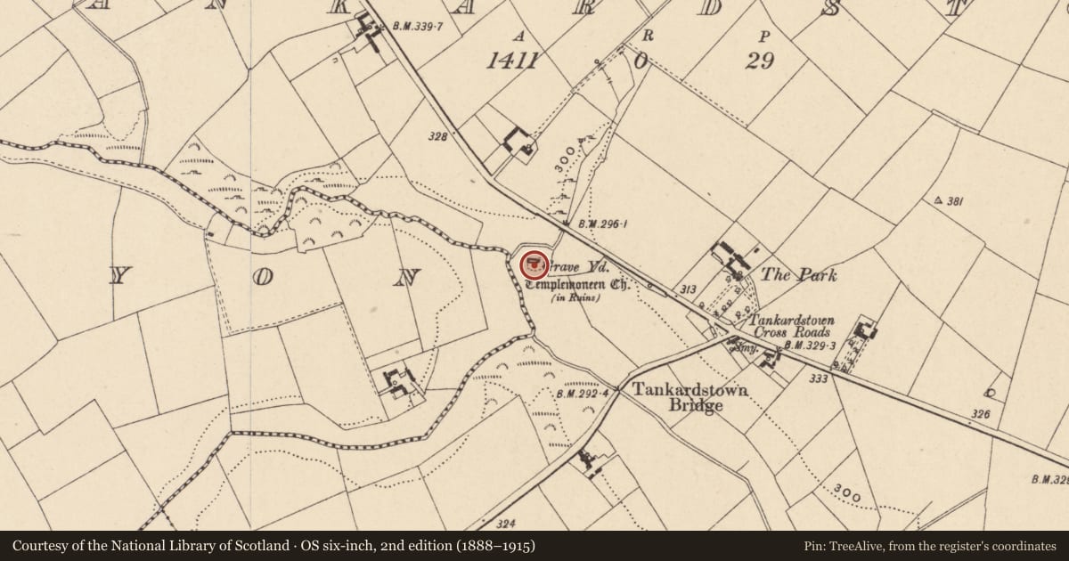 Ordnance Survey six-inch map, 2nd edition (1888–1915) covering the location of Graveyard, Tankardstown, County Carlow, with a pin at the register's coordinates