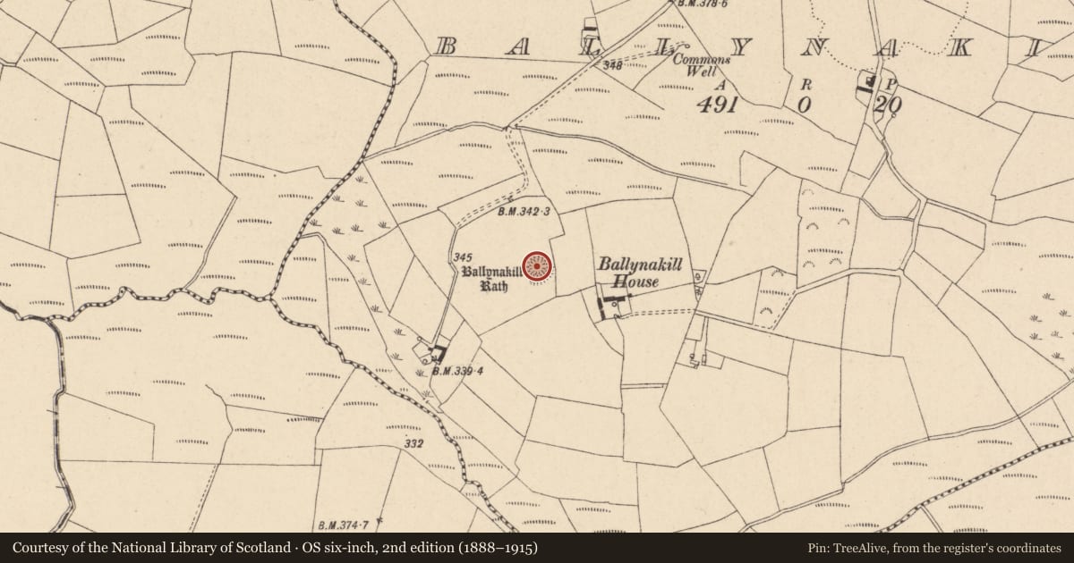 Ordnance Survey six-inch map, 2nd edition (1888–1915) covering the location of Ringfort - rath, Ballynakill, County Carlow, with a pin at the register's coordinates