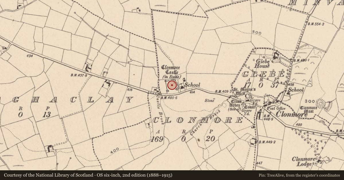 Ordnance Survey six-inch map, 2nd edition (1888–1915) covering the location of Castle - Anglo-Norman masonry castle, Clonmore, County Carlow, with a pin at the register's coordinates
